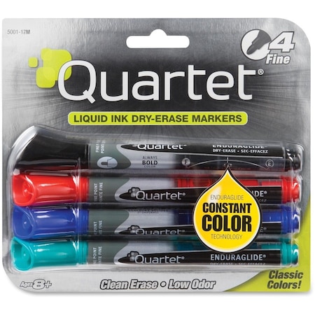 Quartet Dry-Erase Markers, Fine Point, 4/ST, RD/BE/GN/BK, PK4 QRT500110M